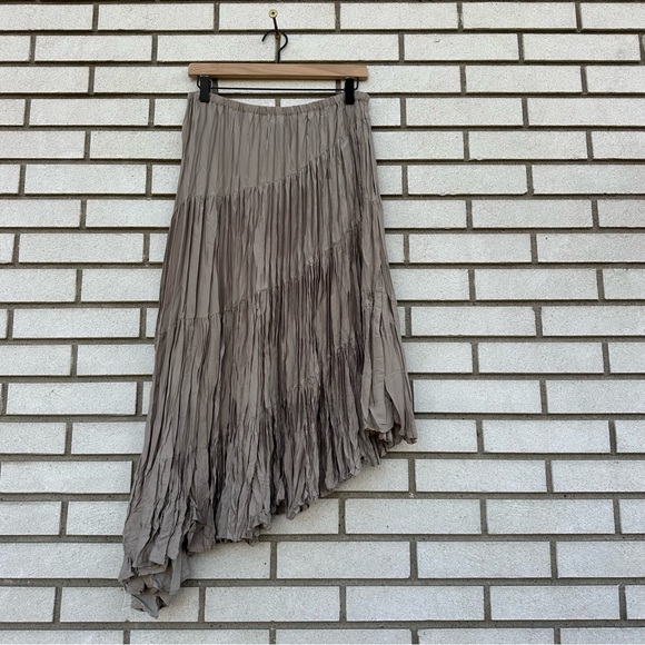 Chico's Dresses & Skirts - Chico’s Crinkle Zoe Asymmetrical Midi Skirt Taupe Satin Elastic Waist M Tiered